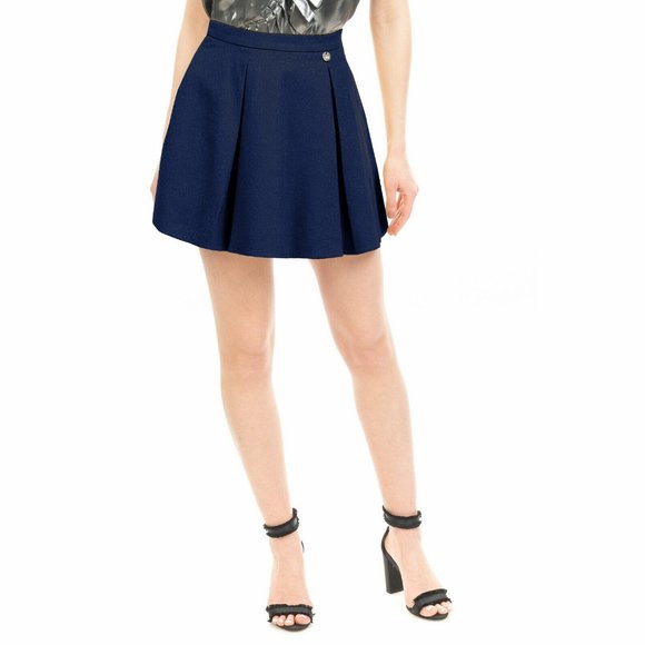 MET XS Navy Jacquard Flare Mini Skirt Pleated Skater Italy Made Cotton Lyocell S - Picture 2 of 16